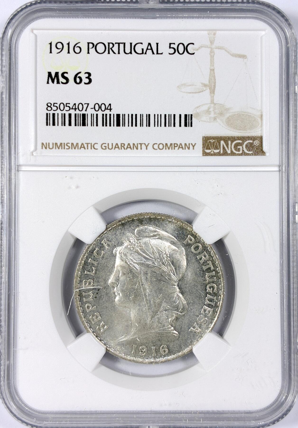 【雨安】【世界币章114期】2025-11-15 周六 19:30 保真 8秒倒数自动落锤 高效拍卖 [评级欧洲] Portugal 葡萄牙 共和国 50分 1916年 NGC-MS63