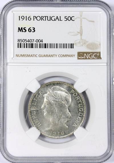 【雨安】【世界币章114期】2025-11-15 周六 19:30 保真 8秒倒数自动落锤 高效拍卖 - [评级欧洲] Portugal 葡萄牙 共和国 50分 1916年 NGC-MS63