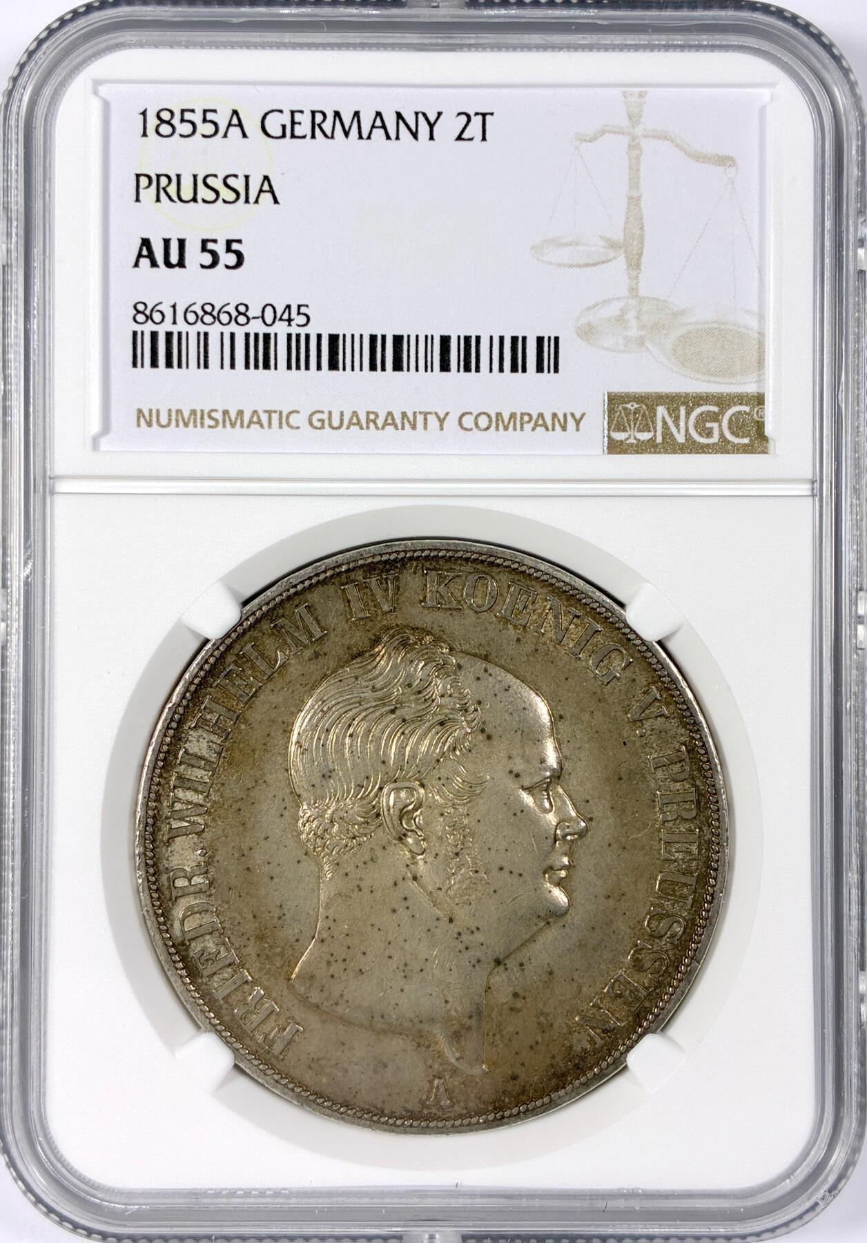 【雨安】【世界币章114期】2025-11-15 周六 19:30 保真 8秒倒数自动落锤 高效拍卖 [评级德国] Germany 德国 德意志 2泰勒 Prussia普鲁士 Thun.259 KM#0467 (1853-1856) 腓特烈·威廉四世.洋葱头 1855年 NGC-AU55