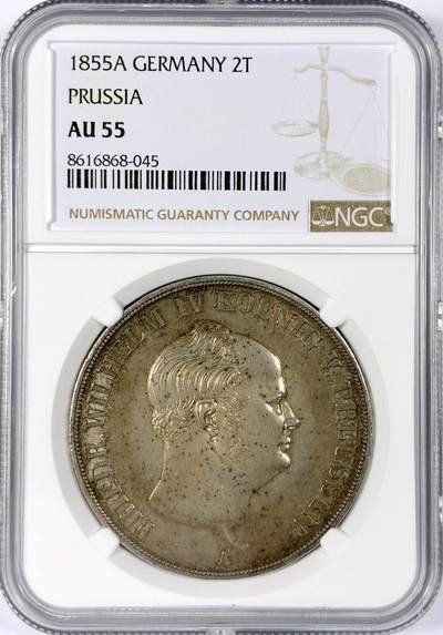 【雨安】【世界币章114期】2025-11-15 周六 19:30 保真 8秒倒数自动落锤 高效拍卖 - [评级德国] Germany 德国 德意志 2泰勒 Prussia普鲁士 Thun.259 KM#0467 (1853-1856) 腓特烈·威廉四世.洋葱头 1855年 NGC-AU55