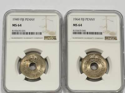博洋堂世界钱币拍卖第147期（全场包邮） - NGC MS64 英属斐济1949乔治六世、1964年伊丽莎白二世1便士2枚一对