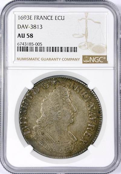 【雨安】【世界币章114期】2025-11-15 周六 19:30 保真 8秒倒数自动落锤 高效拍卖 - [评级法国] France 法国 1埃居 KM#0298 (1693-1701) 路易十四 皇冠圆形纹章棕榈枝 1693年 NGC-AU58