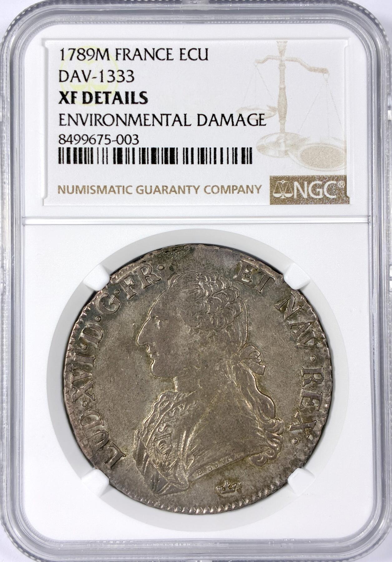 【雨安】【世界币章114期】2025-11-15 周六 19:30 保真 8秒倒数自动落锤 高效拍卖 [评级法国] France 法国 1埃居 KM#0564 DAV-1333 路易十六 1789年 NGC-XF