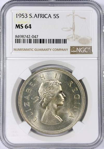 【雨安】【世界币章114期】2025-11-15 周六 19:30 保真 8秒倒数自动落锤 高效拍卖 - [评级非洲] South Africa 南非 5先令 1953年 伊丽莎白二世 NGC-MS64