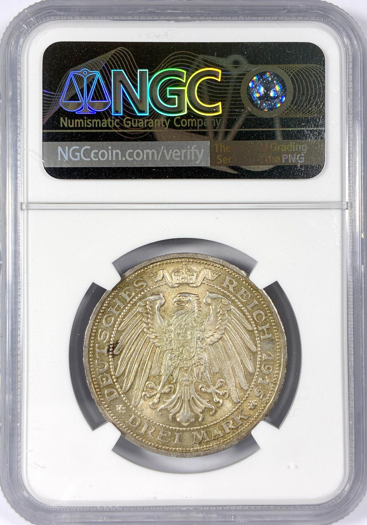 【雨安】【世界币章114期】2025-11-15 周六 19:30 保真 8秒倒数自动落锤 高效拍卖 [评级德国] Germany 德国 帝国 J.115 普鲁士 3马克 (1915) 屠龙 1915年 NGC-MS65 淡彩包浆 名誉品种