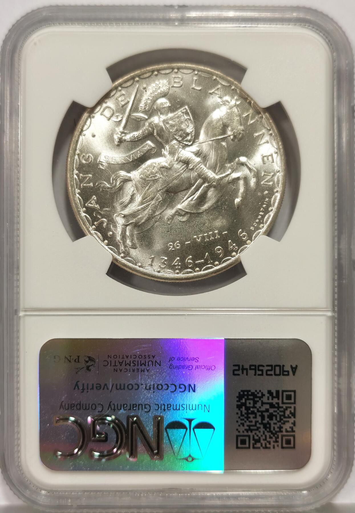 博洋堂世界钱币拍卖第146期（全场包邮） NGC MS65 卢森堡1946年盲人约翰战死600周年纪念100法朗马剑银币，原汁原味，银光闪闪，币面清爽干净又漂亮，转光强烈细节优秀，状态一流。