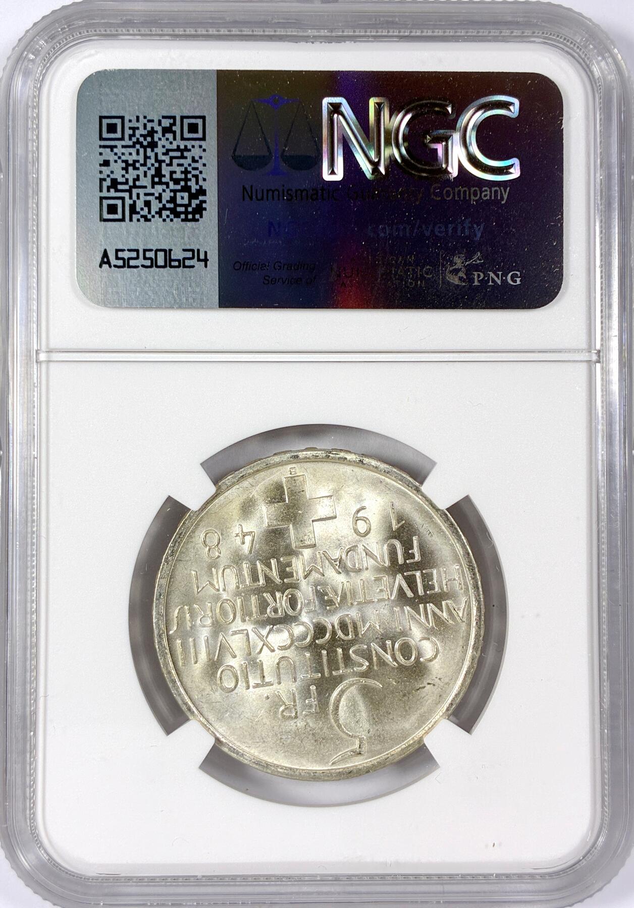 【雨安】【世界币章114期】2025-11-15 周六 19:30 保真 8秒倒数自动落锤 高效拍卖 [评级欧洲] Switzerland 瑞士 5法郎 1948年 瑞士宪法百年 KM#48 NGC-MS66