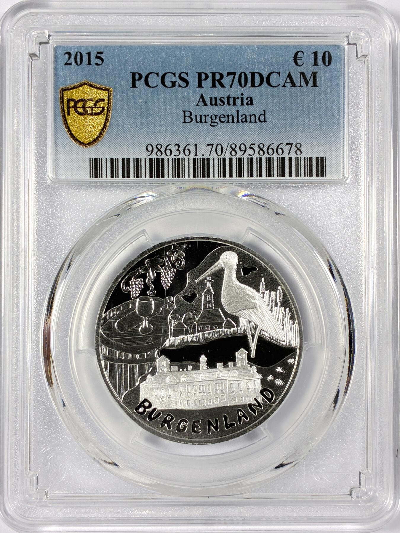 【雨安】【世界币章114期】2025-11-15 周六 19:30 保真 8秒倒数自动落锤 高效拍卖 [评级现代] Austria 奥地利 10欧元 2015年 布尔根兰州 PCGS-PR70DCAM