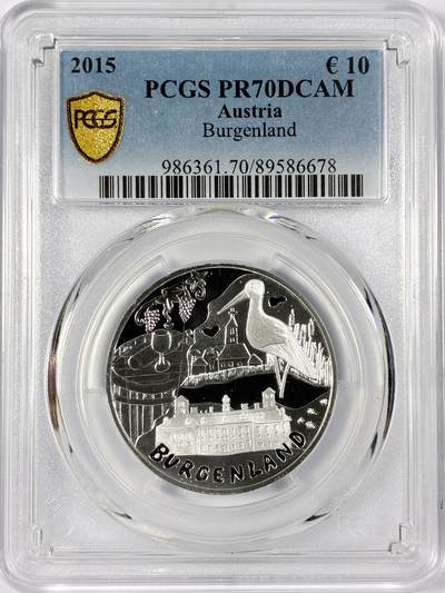 【雨安】【世界币章114期】2025-11-15 周六 19:30 保真 8秒倒数自动落锤 高效拍卖 - [评级现代] Austria 奥地利 10欧元 2015年 布尔根兰州 PCGS-PR70DCAM