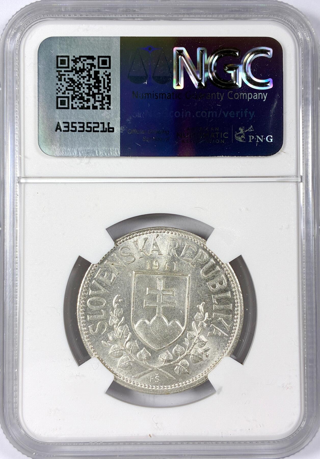 【雨安】【世界币章114期】2025-11-15 周六 19:30 保真 8秒倒数自动落锤 高效拍卖 [评级欧洲] Slovakia 斯洛伐克 20克朗 1941年 NGC-MS63