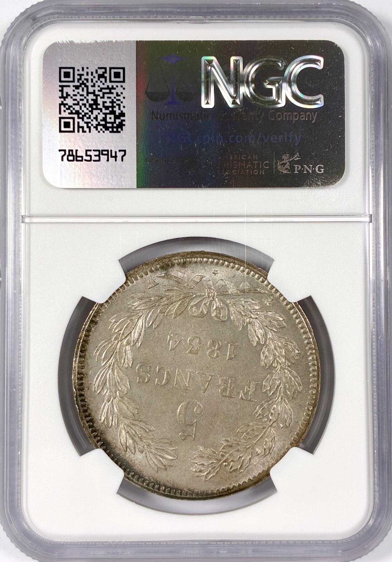 【雨安】【世界币章114期】2025-11-15 周六 19:30 保真 8秒倒数自动落锤 高效拍卖 [评级法国] France 法国 5法郎 KM#0744 菲利普 1834年 NGC-MS64 难得的高分