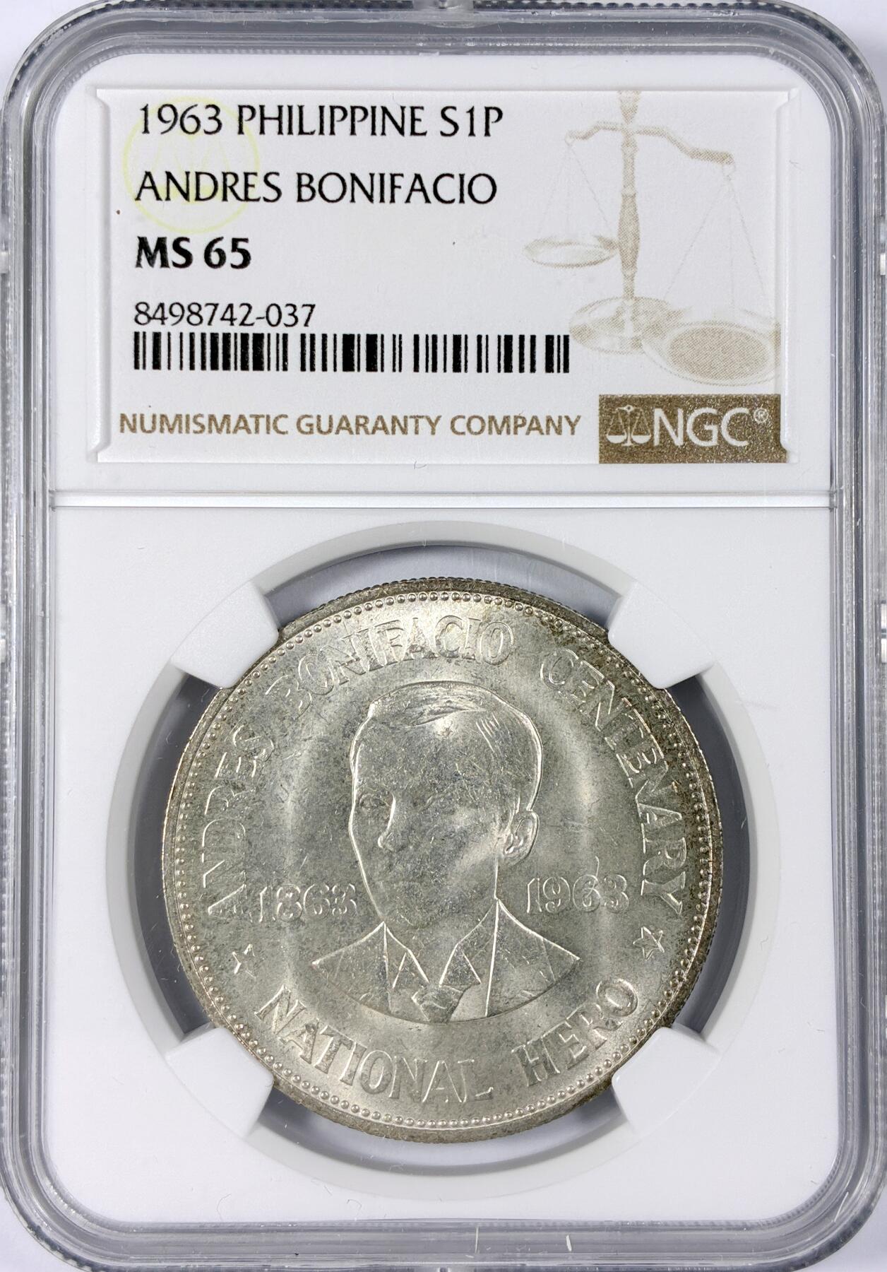 【雨安】【世界币章114期】2025-11-15 周六 19:30 保真 8秒倒数自动落锤 高效拍卖 [评级亚洲] Philippines 菲律宾 1比索 1963年 NGC-MS65