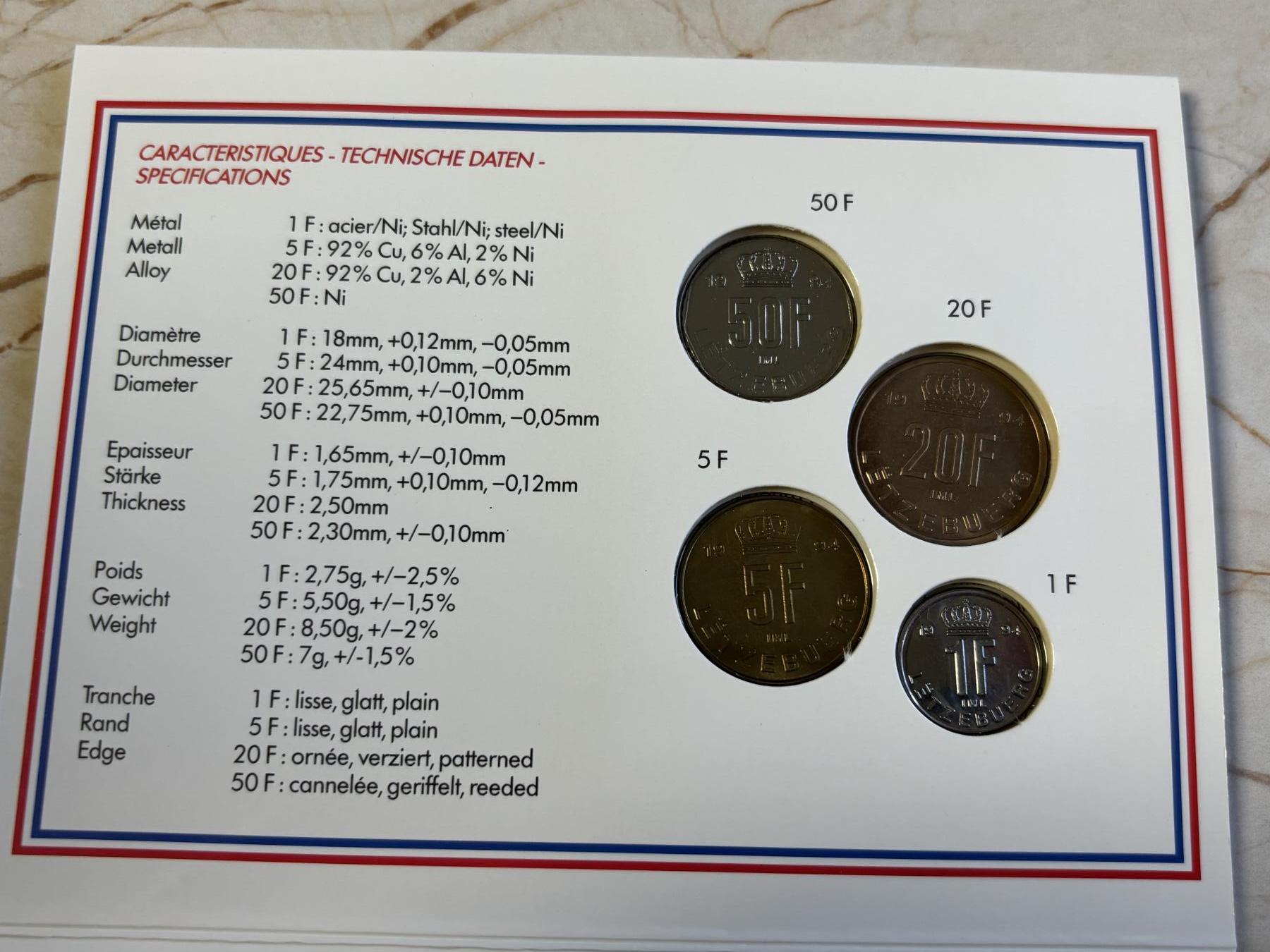 第181期拍卖 卢森堡1994年版纪念币4枚 官方装帧册