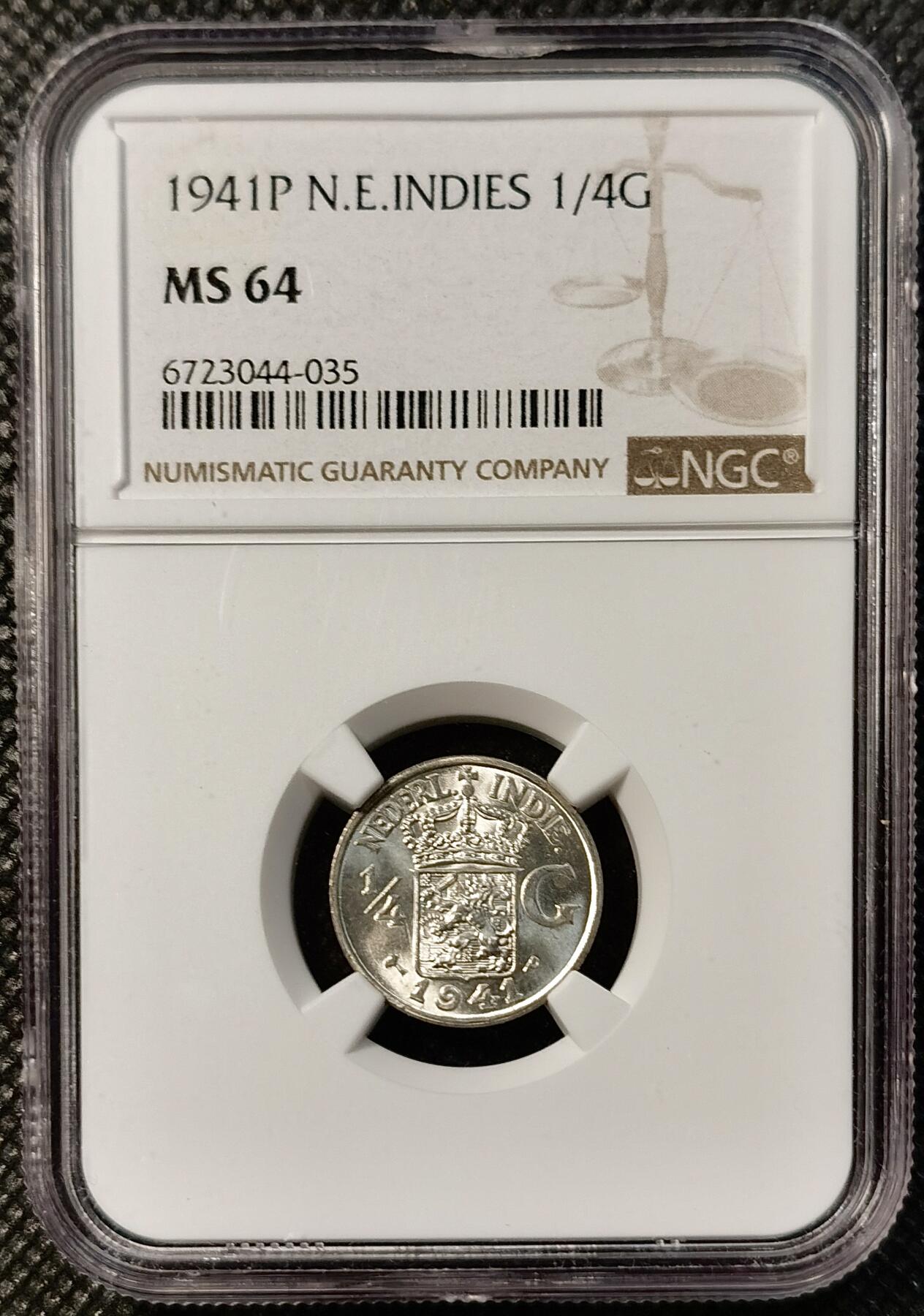 甄臻铺-世界币章拍卖（第39期）送拍享返佣金等优惠多多 NGC-MS64 荷兰东印度1/4GULDEN银币 1941-P 完全未流通状态 银光闪闪