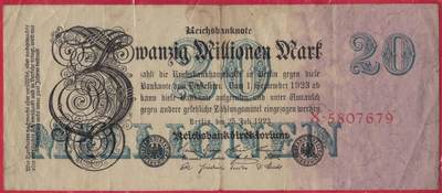 德国1923年20000000(2000万)马克 P-97a 七位号 无4 实物图 八五品  - 德国1923年20000000(2000万)马克 P-97a 七位号 无4 实物图 八五品 