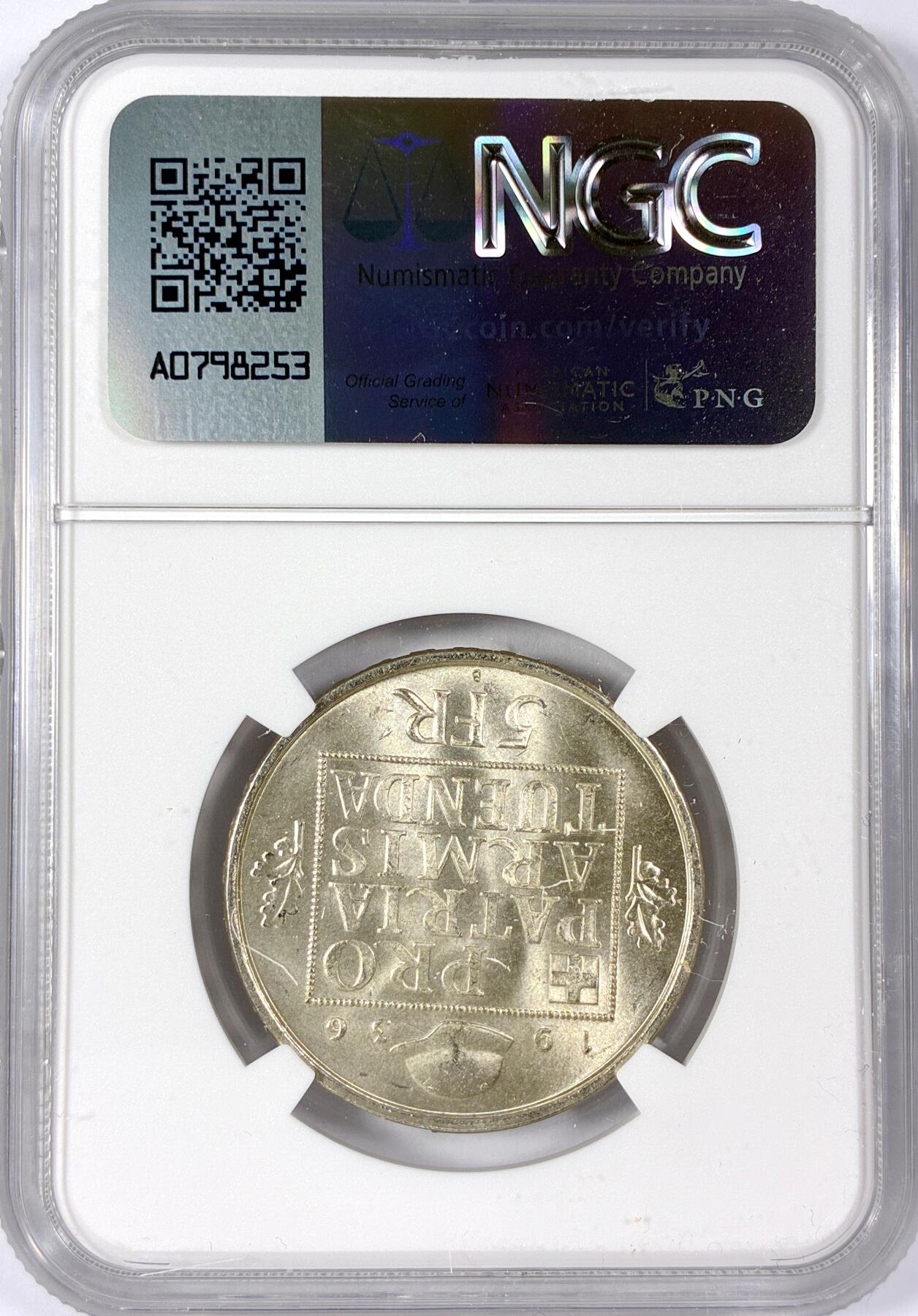 【雨安】【世界币章114期】2025-11-15 周六 19:30 保真 8秒倒数自动落锤 高效拍卖 [评级欧洲] Switzerland 瑞士 5法郎 1936年 军备基金 KM# 41 NGC-MS64