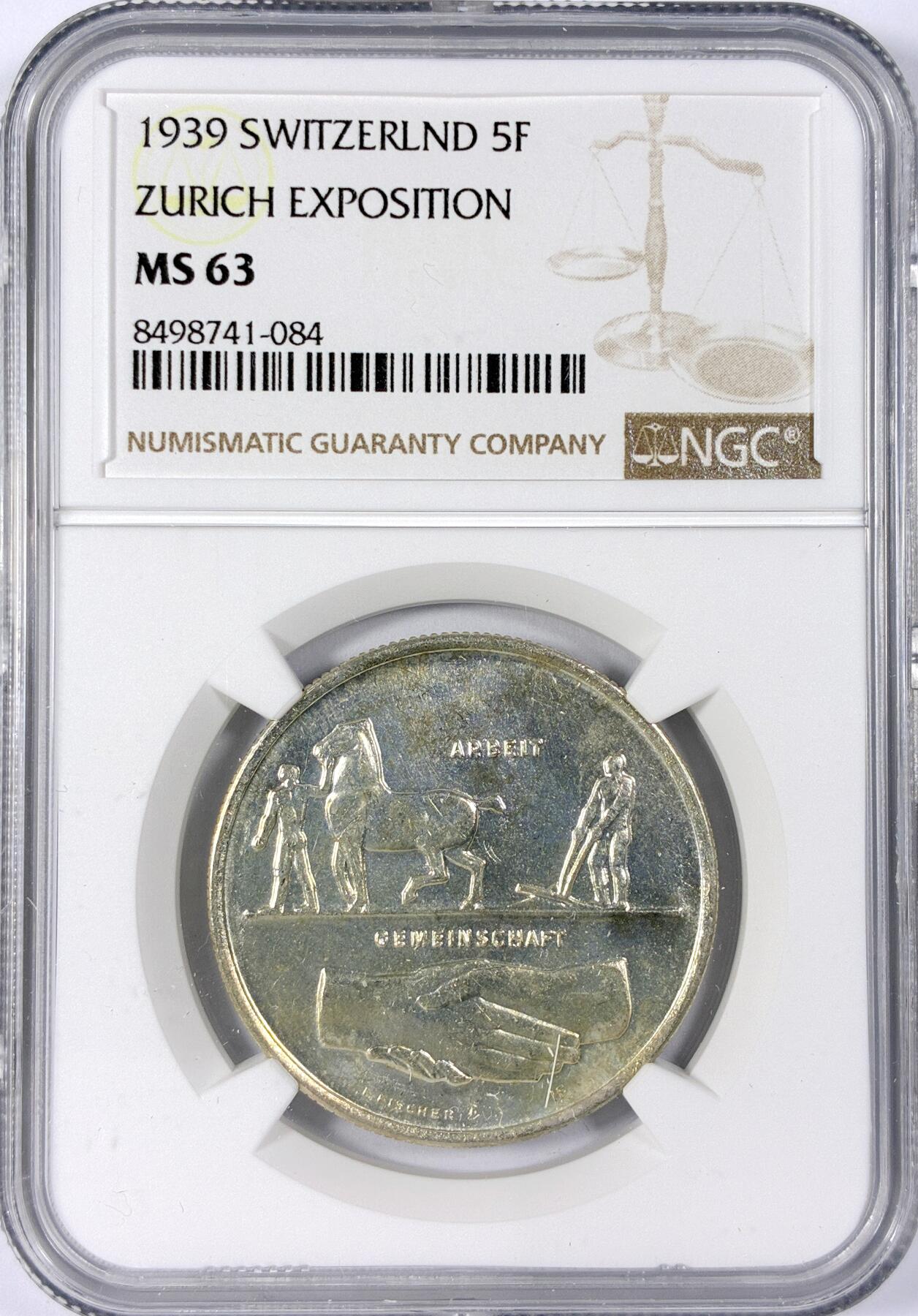 【雨安】【世界币章114期】2025-11-15 周六 19:30 保真 8秒倒数自动落锤 高效拍卖 [评级欧洲] Switzerland 瑞士 5法郎 1939年 苏黎世博览会 KM# 43 NGC-MS63