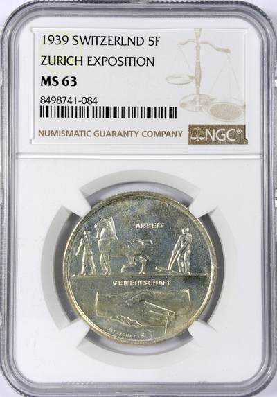 【雨安】【世界币章114期】2025-11-15 周六 19:30 保真 8秒倒数自动落锤 高效拍卖 - [评级欧洲] Switzerland 瑞士 5法郎 1939年 苏黎世博览会 KM# 43 NGC-MS63