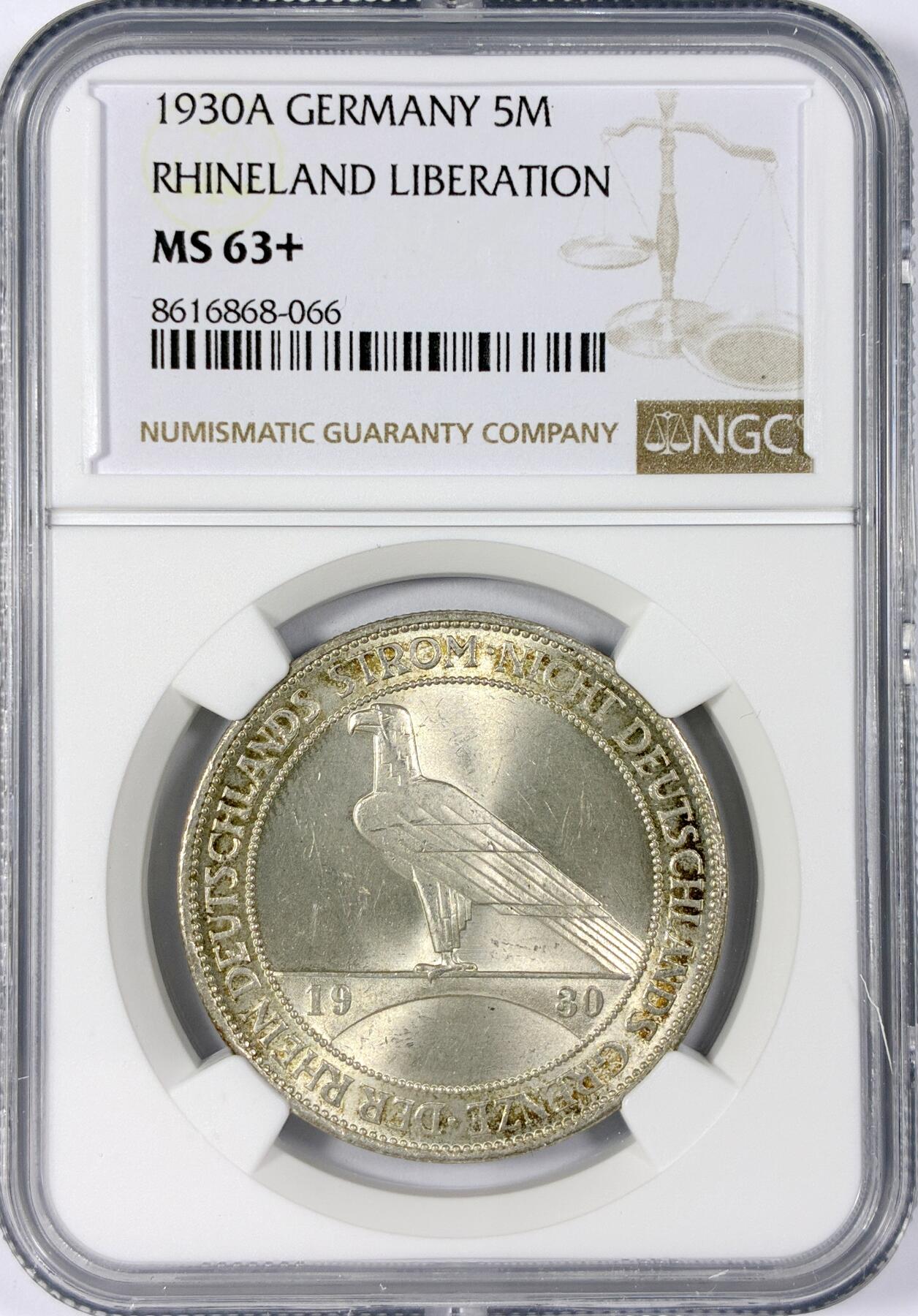 【雨安】【世界币章114期】2025-11-15 周六 19:30 保真 8秒倒数自动落锤 高效拍卖 [评级德国] Germany 德国 魏玛 5马克 KM#71 莱茵兰鹰桥 1930年 NGC-MS63+