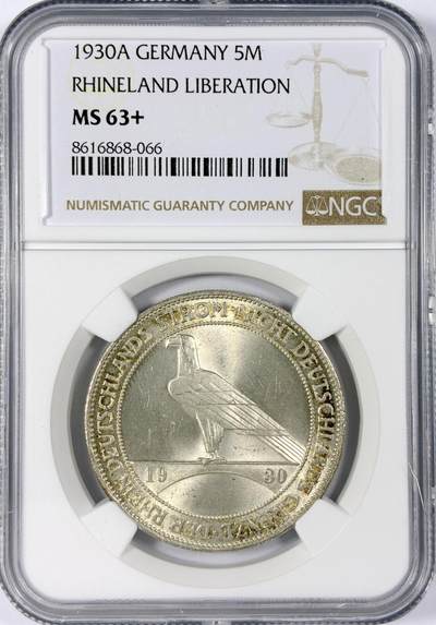 【雨安】【世界币章114期】2025-11-15 周六 19:30 保真 8秒倒数自动落锤 高效拍卖 - [评级德国] Germany 德国 魏玛 5马克 KM#71 莱茵兰鹰桥 1930年 NGC-MS63+