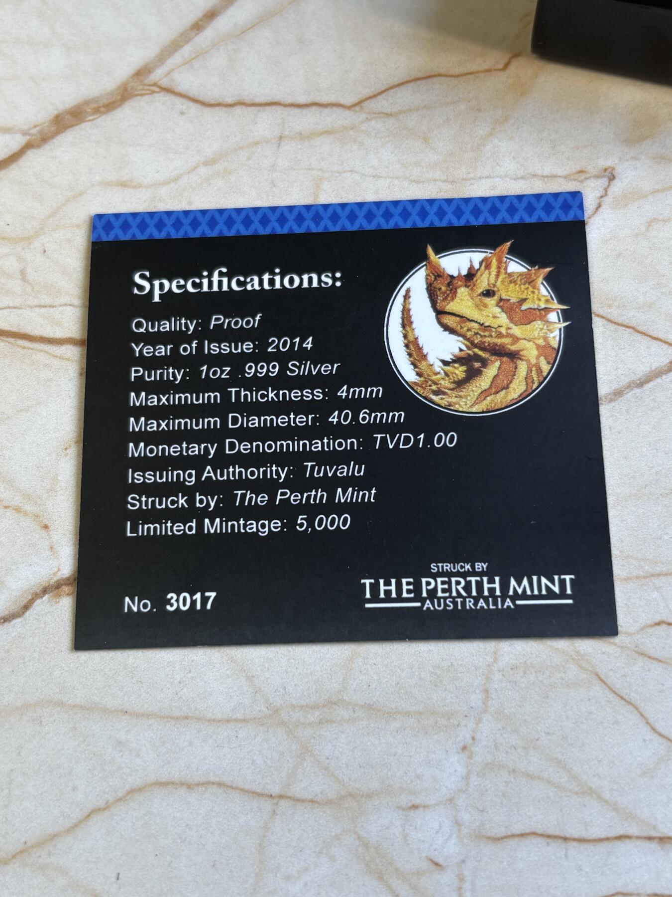 第181期拍卖 图瓦卢2014年危险动物系列棘手魔鬼蜥蜴彩色纪念银币，1盎司，999银，发行量5000枚