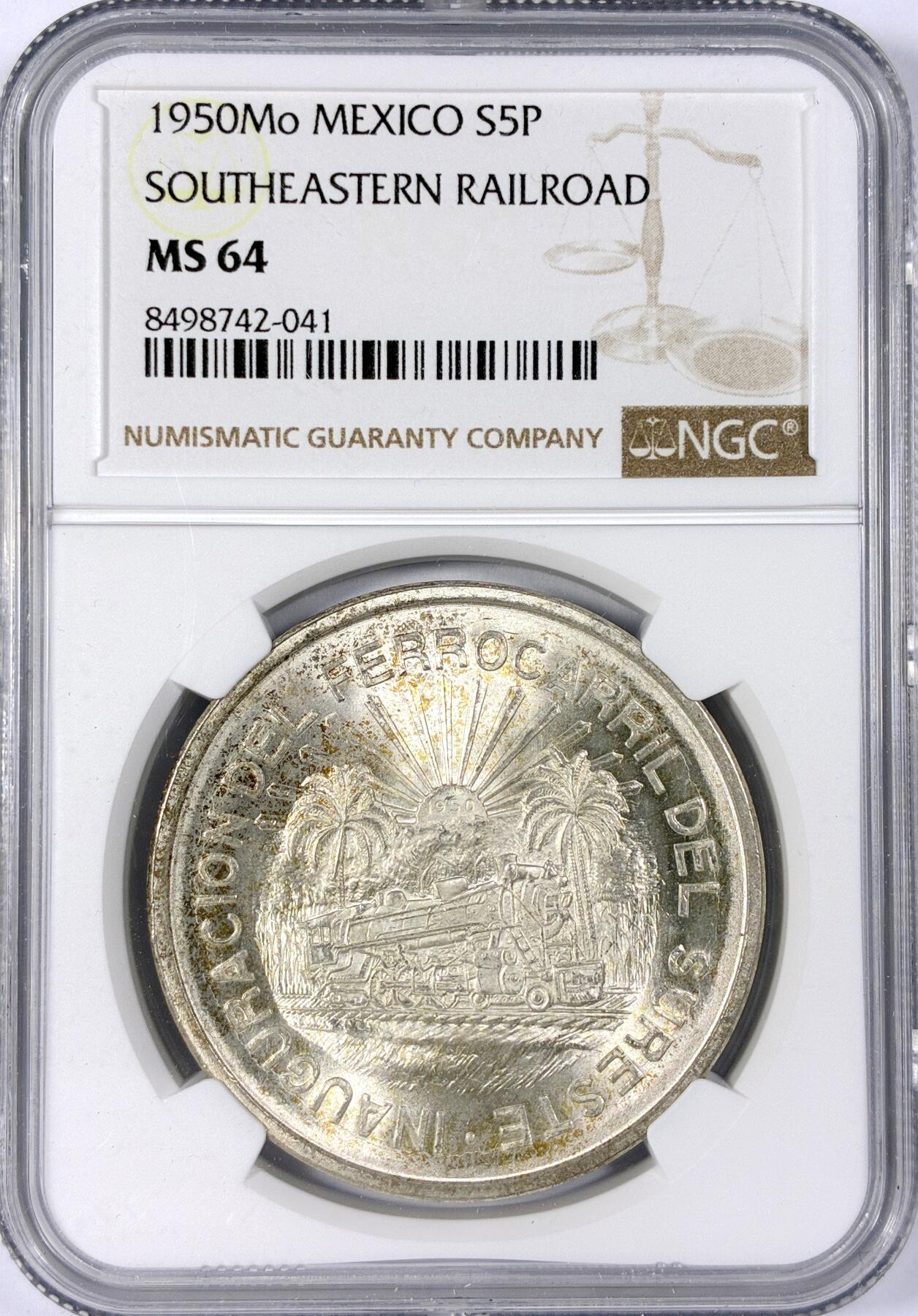 【雨安】【世界币章114期】2025-11-15 周六 19:30 保真 8秒倒数自动落锤 高效拍卖 [评级美洲] Mexico 墨西哥 5比索 1950年 南部铁路 NGC-MS64 美国同分现在都在1500左右