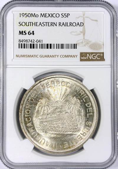 【雨安】【世界币章114期】2025-11-15 周六 19:30 保真 8秒倒数自动落锤 高效拍卖 - [评级美洲] Mexico 墨西哥 5比索 1950年 南部铁路 NGC-MS64 美国同分现在都在1500左右