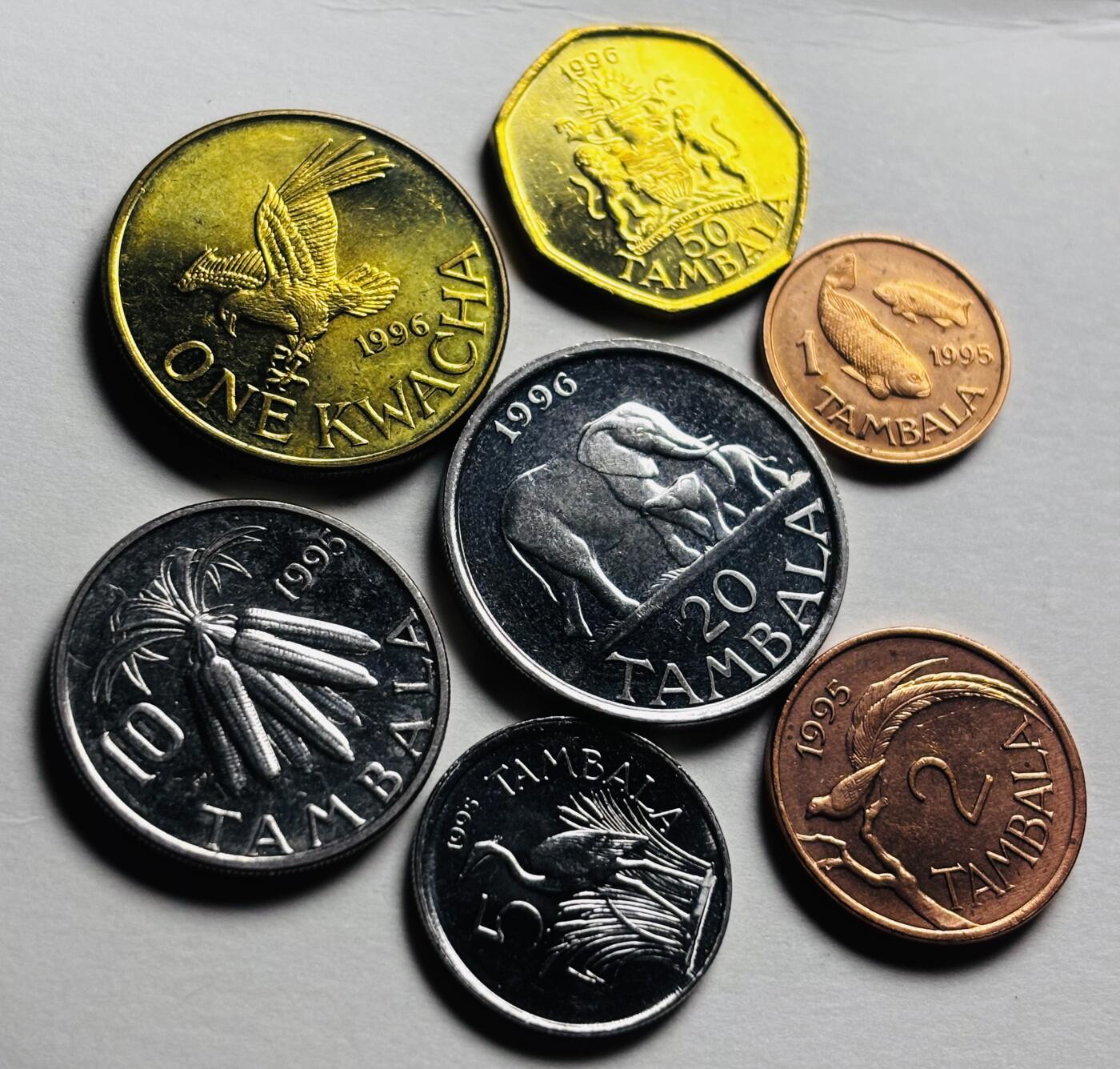 文馨钱币收藏第 281 场，【 长期接收代拍品】银元，银币，套币，纸币专场（本场截拍后休息三天，19 号发货） 全新 1995-1996 年马拉维 7 枚套币