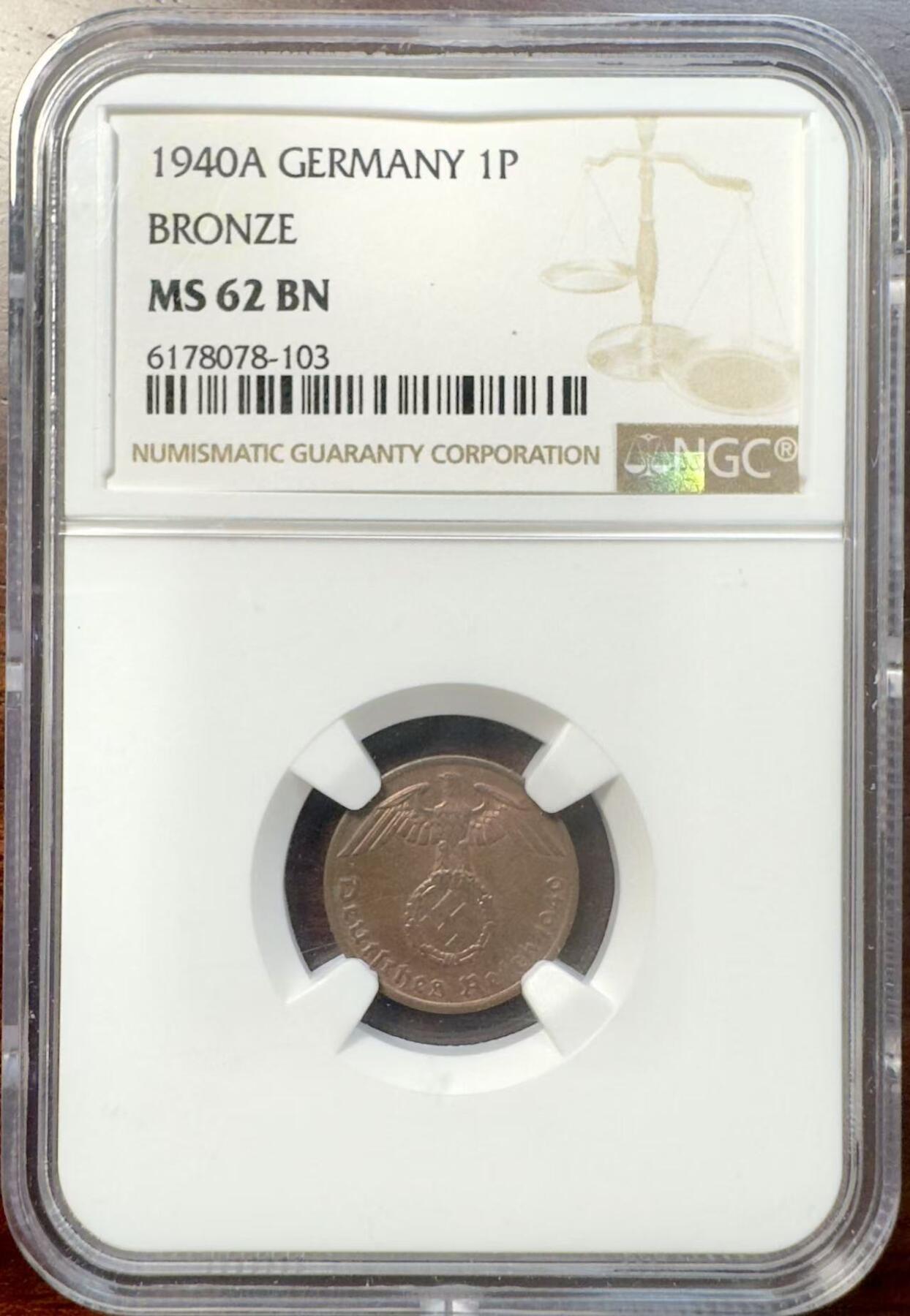 甄臻铺-世界币章拍卖（第39期）送拍享返佣金等优惠多多 NGC-MS62BN 德国1940年A版1芬尼铜币
