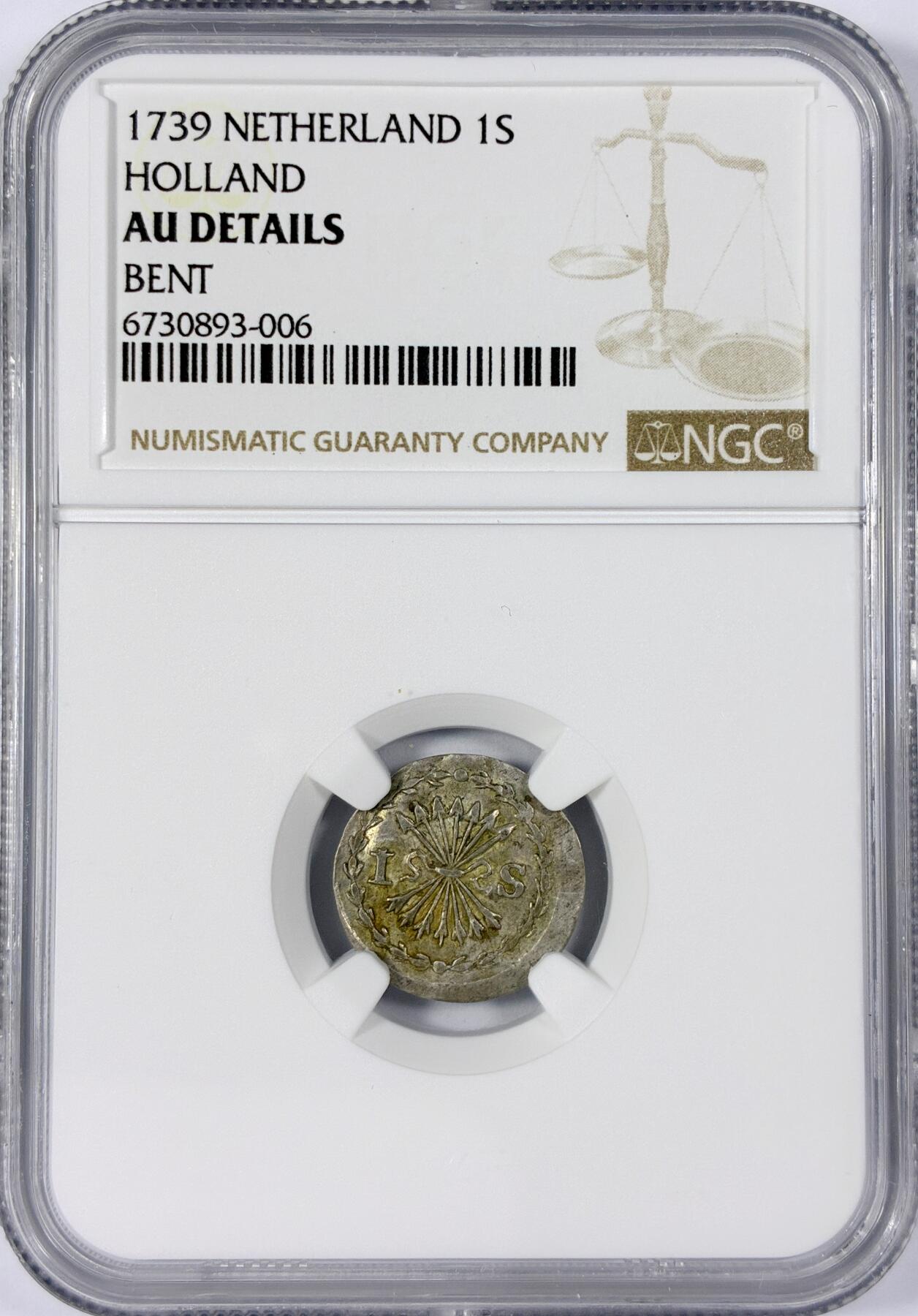 【雨安】【世界币章114期】2025-11-15 周六 19:30 保真 8秒倒数自动落锤 高效拍卖 [评级欧洲] Netherlands 荷兰 共和国 荷兰省 1Stuiver 箭羽 1739年 NGC-AU