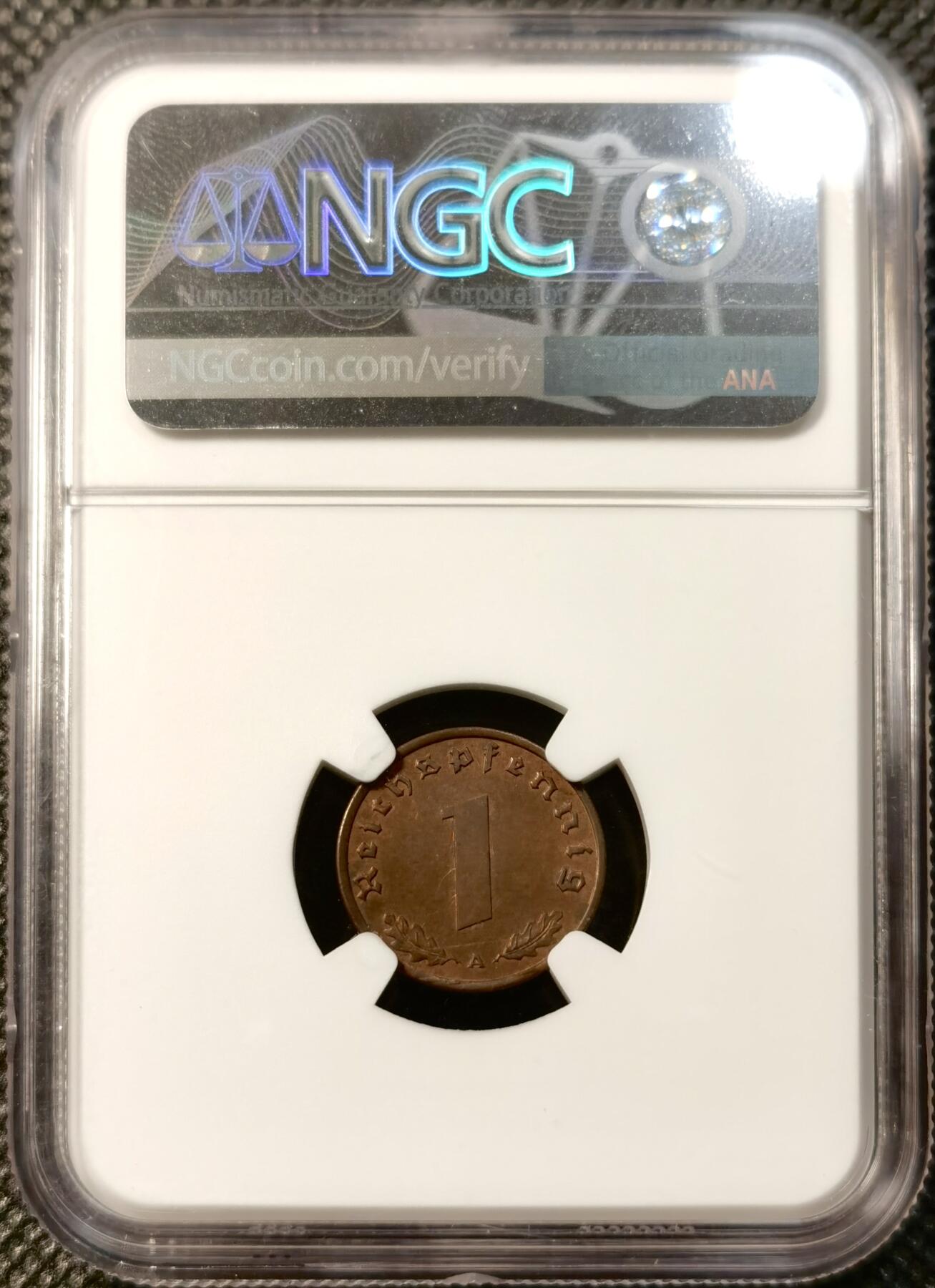 甄臻铺-世界币章拍卖（第39期）送拍享返佣金等优惠多多 NGC-MS62BN 德国1940年A版1芬尼铜币