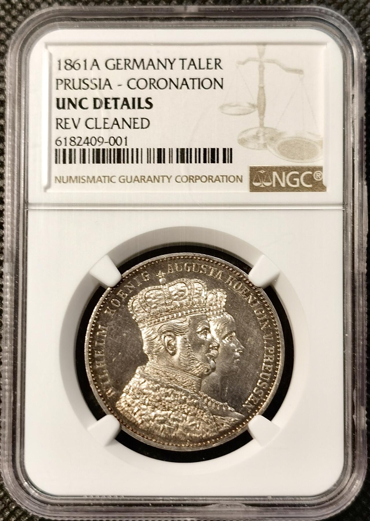 甄臻铺-世界币章拍卖（第39期）送拍享返佣金等优惠多多 NGC-UNCD 1861A德国普鲁士泰勒 威廉皇帝奥古斯塔皇后结婚纪念 底板有镜面效果 毛衣和皇冠很有特色