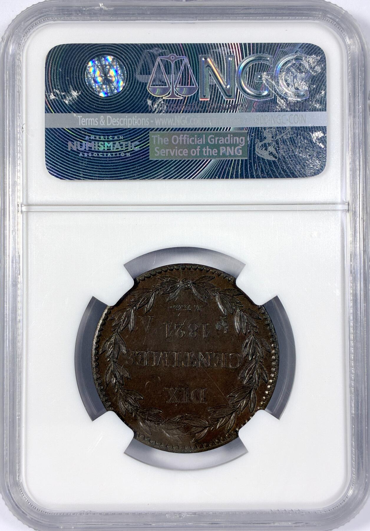 【雨安】【世界币章114期】2025-11-15 周六 19:30 保真 8秒倒数自动落锤 高效拍卖 [评级法国] France 法国 样币 Maz0759 路易十八 10分 1821年 铜样 NGC-MS65 难得的高分