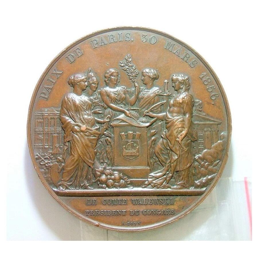 【艺术】法国艺术大章1856年 拿破仑三世+众多和平女神 克里米亚战争签署停战协定 高浮雕精制超大铜章 76MM 196克