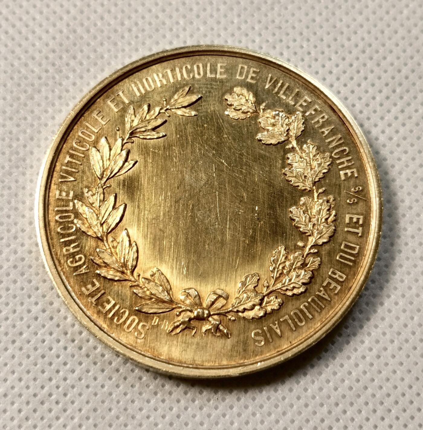 甄臻铺-世界币章拍卖（第39期）送拍享返佣金等优惠多多 法国维勒弗朗什及博若华地区农业大银章，银镀金，丰饶角1级 95%Ag   46mm 3.7mm 49g