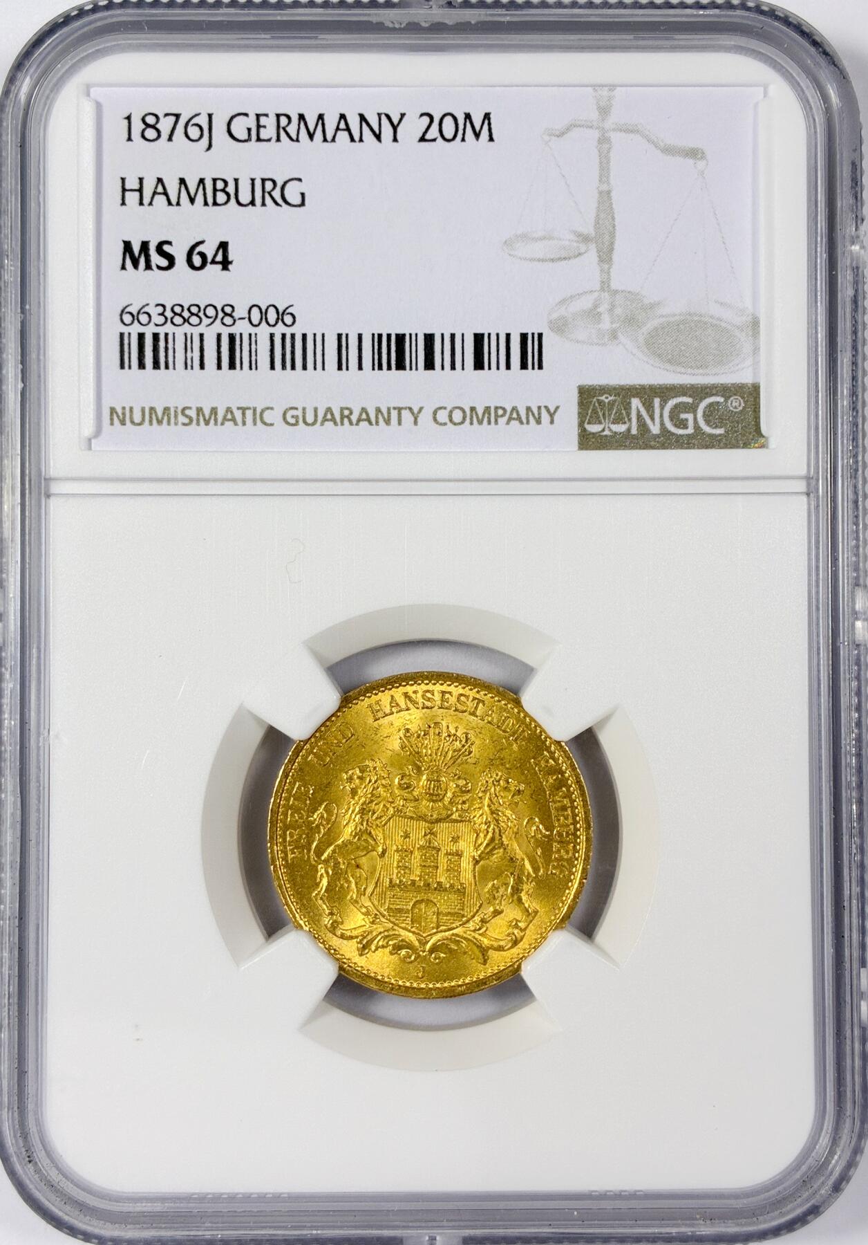 【雨安】【世界币章114期】2025-11-15 周六 19:30 保真 8秒倒数自动落锤 高效拍卖 [金币] Germany 德国 汉堡 20马克 1876年 短翅 NGC-MS64 短翅高分非常难得