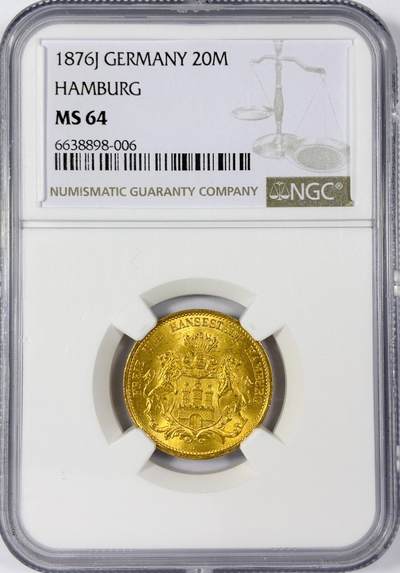 【雨安】【世界币章114期】2025-11-15 周六 19:30 保真 8秒倒数自动落锤 高效拍卖 - [金币] Germany 德国 汉堡 20马克 1876年 短翅 NGC-MS64 短翅高分非常难得