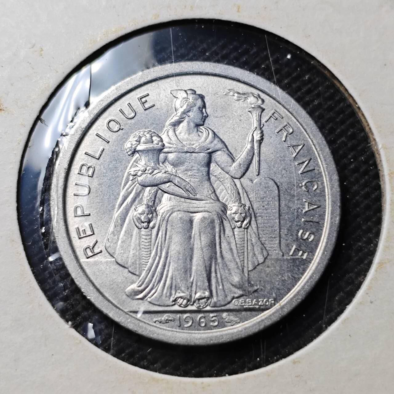 KK钱币收藏小铺  第369场  2月预留时间 周末发货  1965法属波利尼西亚1法郎 好品