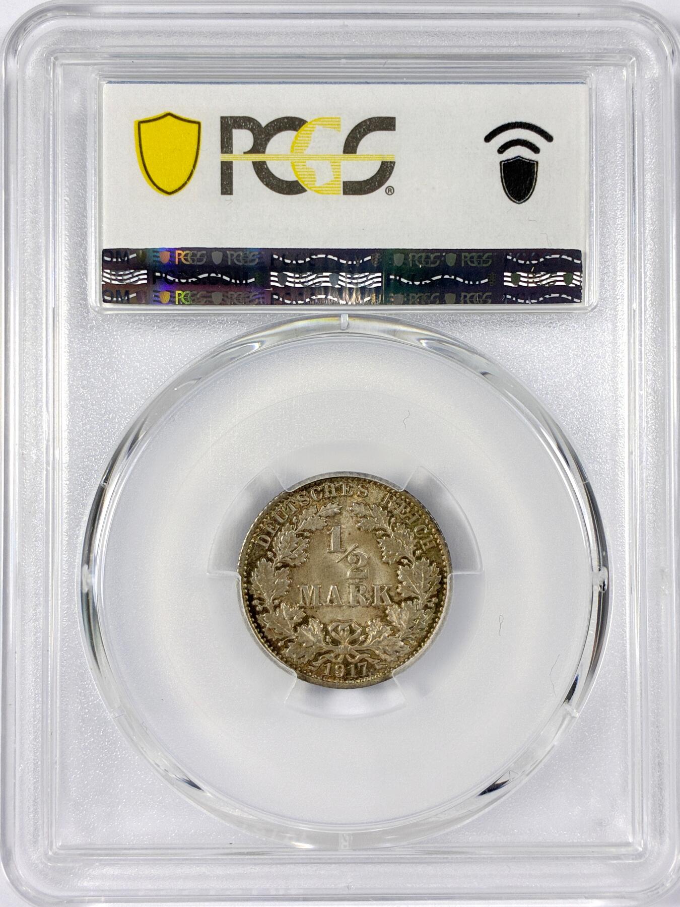 【雨安】【世界币章114期】2025-11-15 周六 19:30 保真 8秒倒数自动落锤 高效拍卖 [评级德国] Germany 德国 帝国 1/2马克 1917年 PCGS-MS68