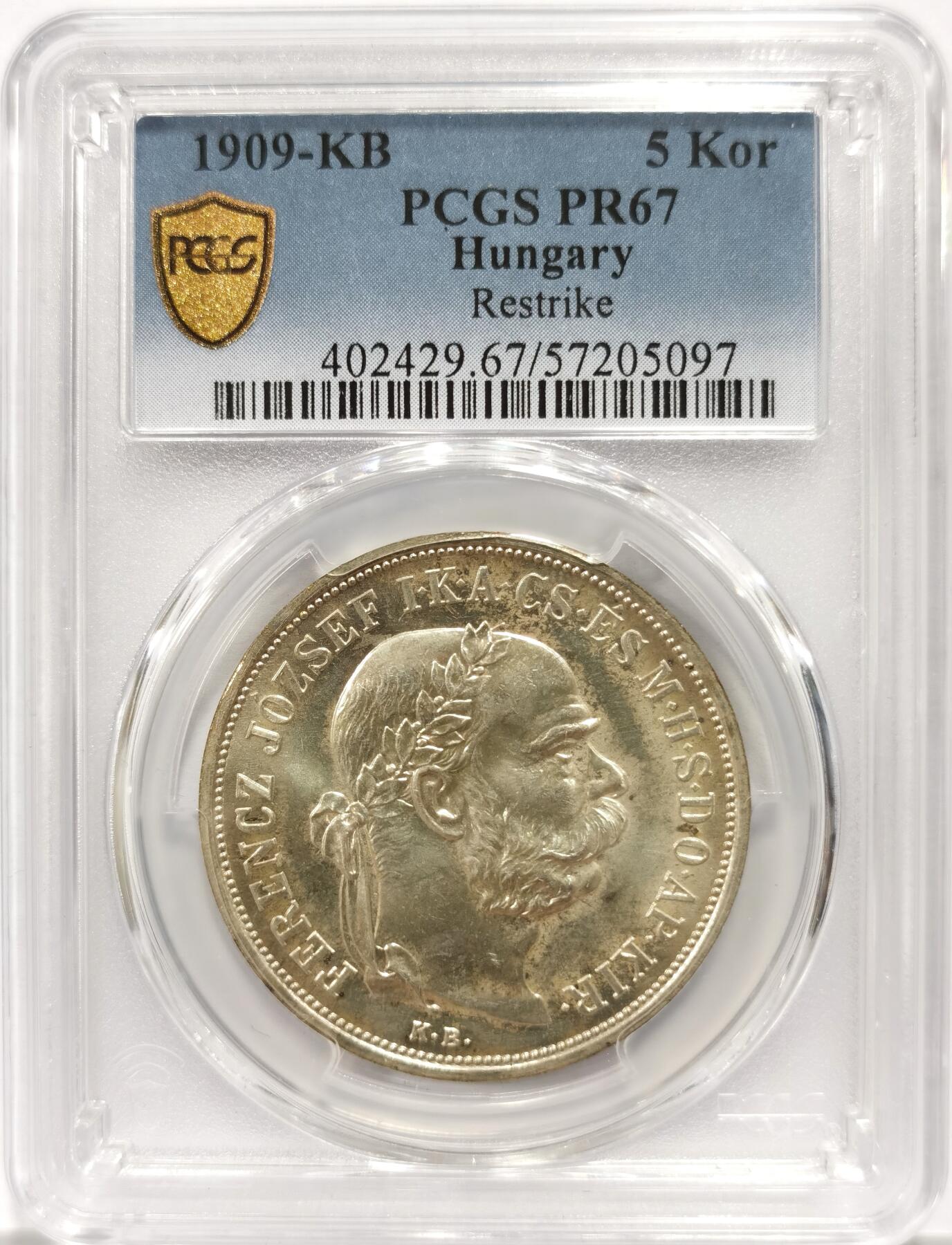 博洋堂世界钱币拍卖第146期（全场包邮） PCGS PR67 匈牙利1909年5克朗银币，后铸