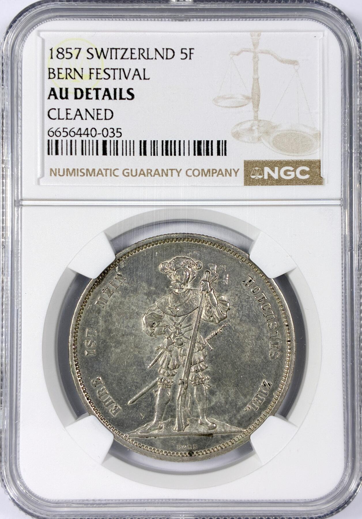 【雨安】【世界币章114期】2025-11-15 周六 19:30 保真 8秒倒数自动落锤 高效拍卖 [评级欧洲] Switzerland 瑞士 射击节 5法郎 1857年 X# S4 伯尔尼 NGC-AU