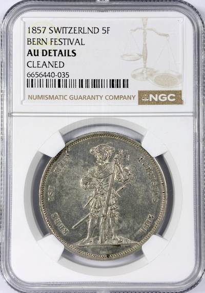【雨安】【世界币章114期】2025-11-15 周六 19:30 保真 8秒倒数自动落锤 高效拍卖 - [评级欧洲] Switzerland 瑞士 射击节 5法郎 1857年 X# S4 伯尔尼 NGC-AU