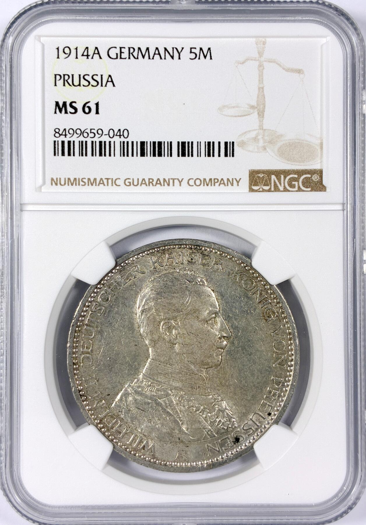 【雨安】【世界币章114期】2025-11-15 周六 19:30 保真 8秒倒数自动落锤 高效拍卖 [评级德国] Germany 德国 帝国 J.114 普鲁士 5马克 (1913-1914) 军装 1914年 NGC-MS61