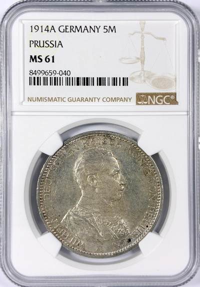 【雨安】【世界币章114期】2025-11-15 周六 19:30 保真 8秒倒数自动落锤 高效拍卖 - [评级德国] Germany 德国 帝国 J.114 普鲁士 5马克 (1913-1914) 军装 1914年 NGC-MS61