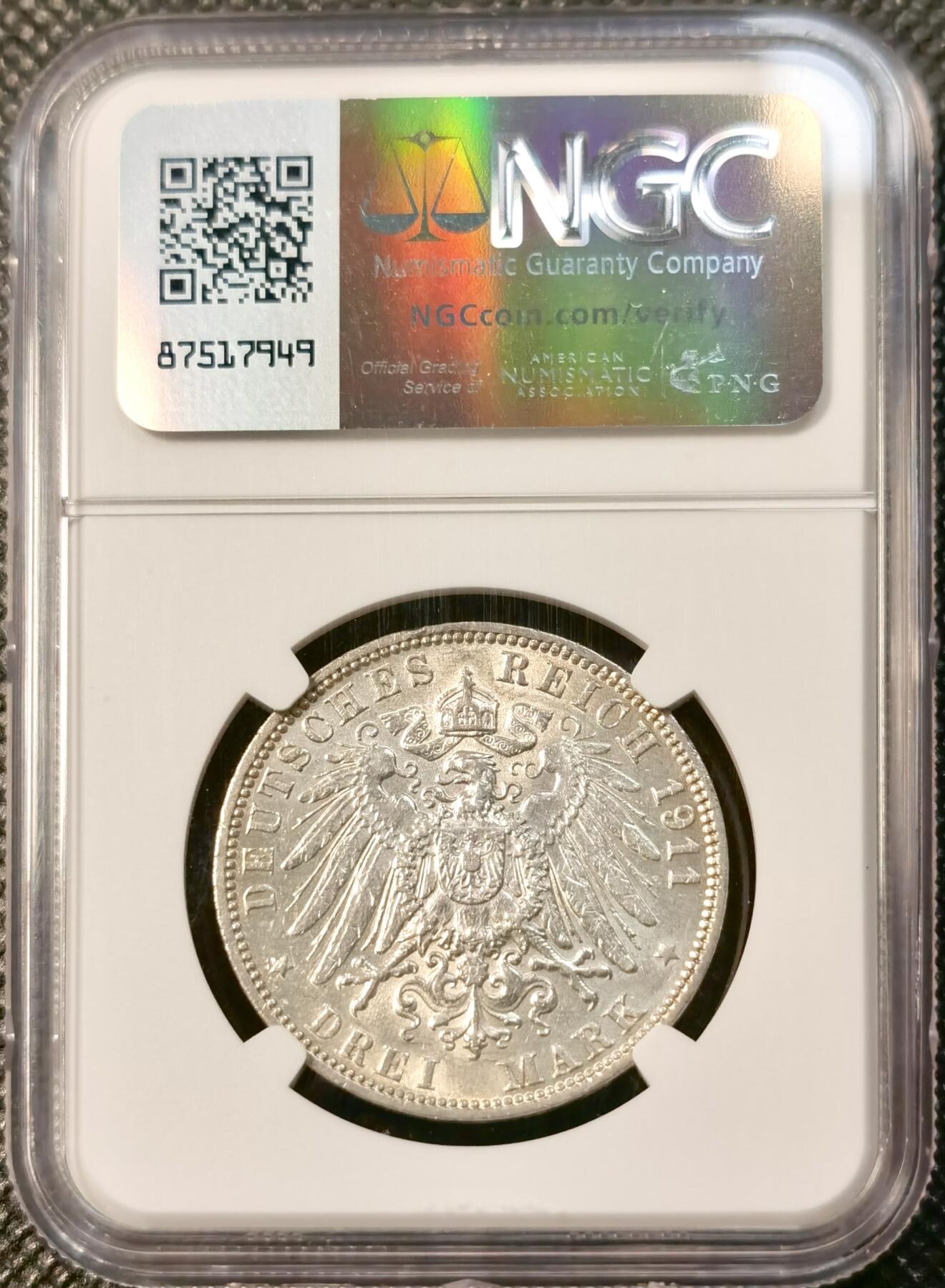 甄臻铺-世界币章拍卖（第39期）送拍享返佣金等优惠多多 NGC-AUD 1911J汉堡3马克 状态很好 淡金色彩