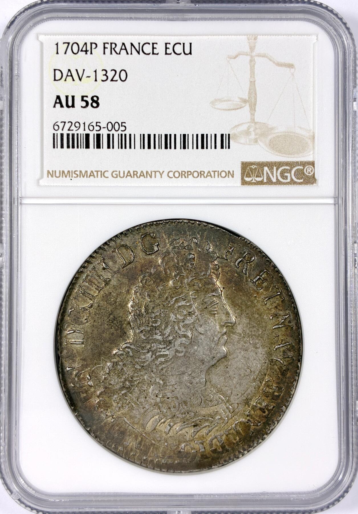 【雨安】【世界币章114期】2025-11-15 周六 19:30 保真 8秒倒数自动落锤 高效拍卖 [评级法国] France 法国 1埃居 KM#0360 (1704-1705) 路易十四 皇冠十字 1704年 NGC-AU58