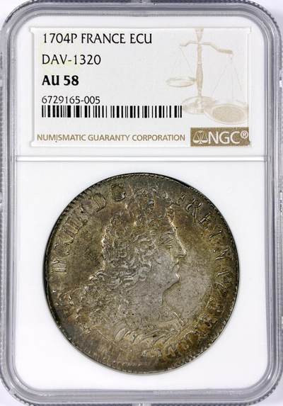 【雨安】【世界币章114期】2025-11-15 周六 19:30 保真 8秒倒数自动落锤 高效拍卖 - [评级法国] France 法国 1埃居 KM#0360 (1704-1705) 路易十四 皇冠十字 1704年 NGC-AU58