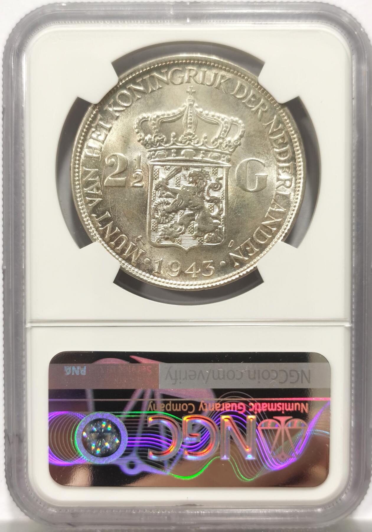 博洋堂世界钱币拍卖第146期（全场包邮） NGC MS63 荷属东印度1943年威廉明娜2.5盾大银币 单年份 高分难得