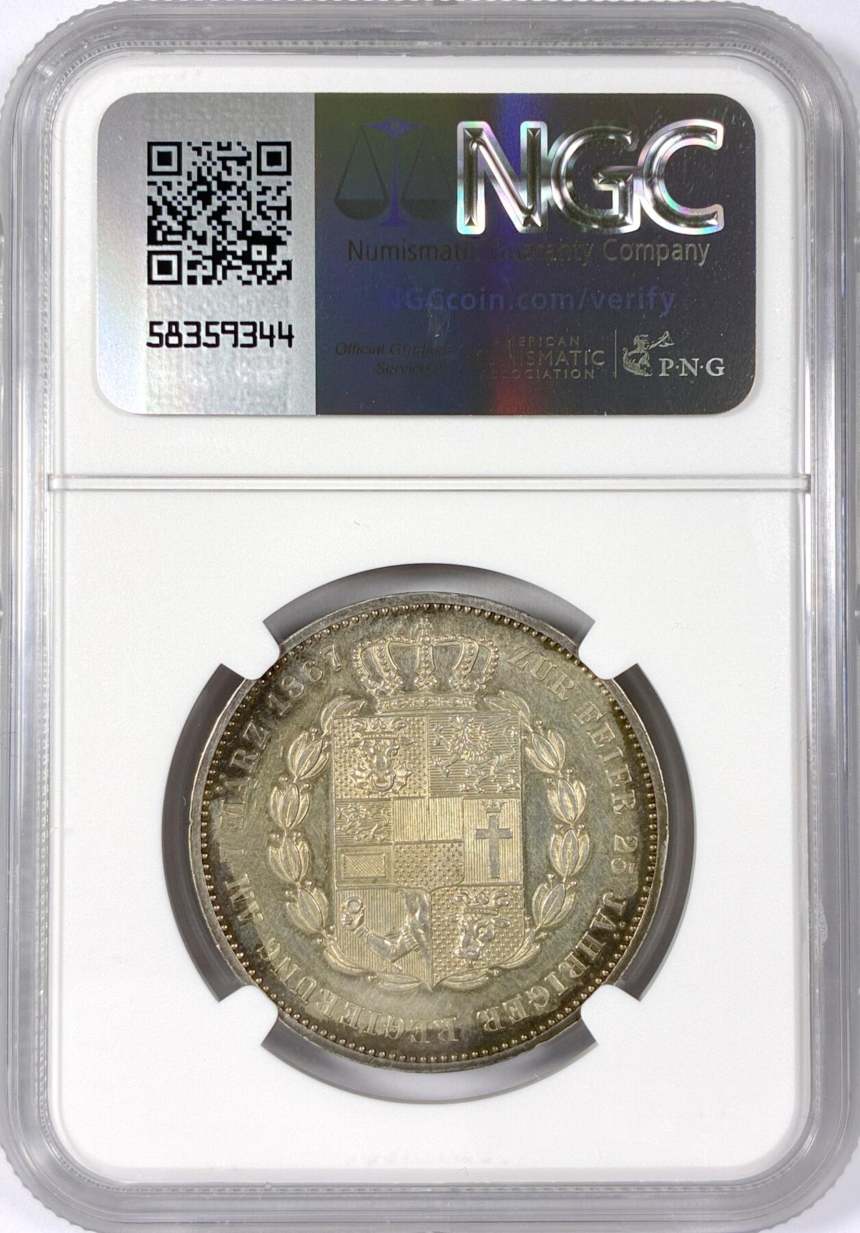 【雨安】【世界币章114期】2025-11-15 周六 19:30 保真 8秒倒数自动落锤 高效拍卖 [评级德国] Germany 德国 德意志 1泰勒 Mecklenburg-Schwerin梅克伦堡-什未林 Thun.216 KM#A311 (1867) 1867年 NGC-PF 顶级罕见的精制版