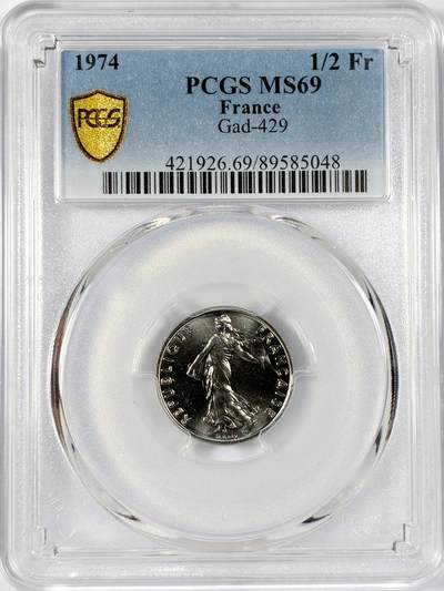 【雨安】【世界币章114期】2025-11-15 周六 19:30 保真 8秒倒数自动落锤 高效拍卖 - [评级现代] France 法国 1/2法郎 1974年 PCGS-MS69